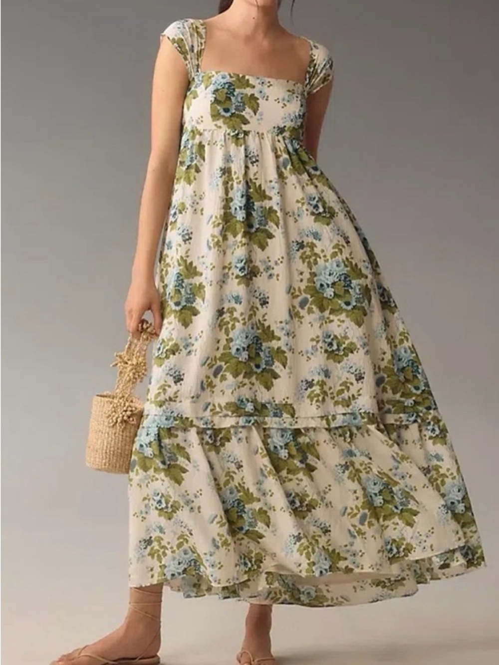Anthropologie ✨ The Helene ✨ Floral Square-Neck Maxi Dress in Cream and Blue